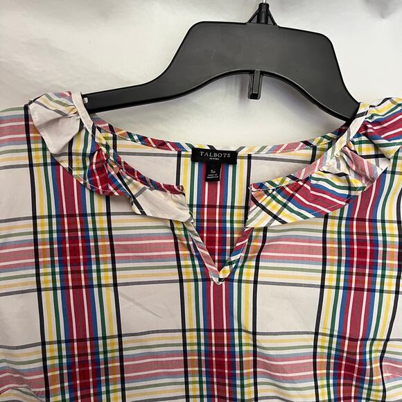 Talbots Plaid Bell Sleeve Womens Top Small Petite White Ruffles Academia Preppy - Picture 2 of 16
